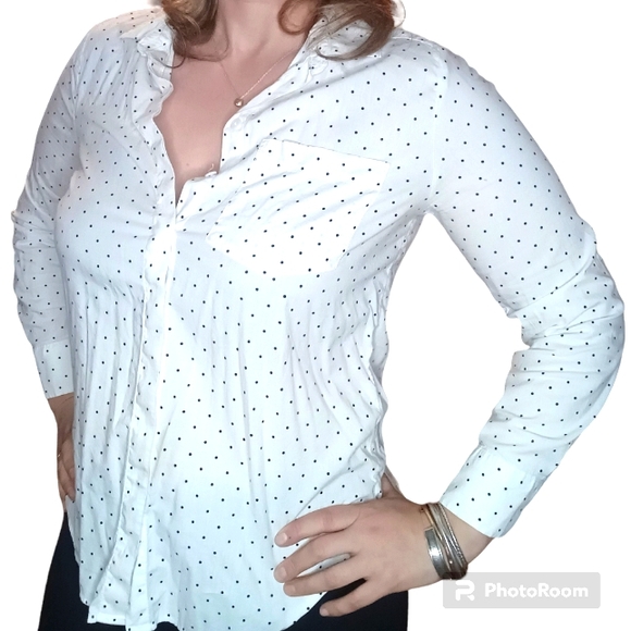 Denver Hayes White/ Black Polkadot Buttondown Blouse- Sz. Medium - Picture 1 of 5